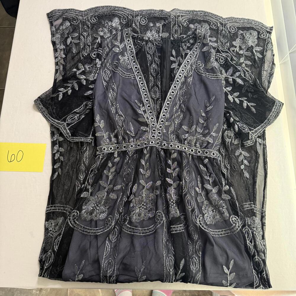 Haute Monde Black and Gray Embroidered Lace Romper Dress